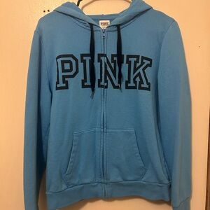 PINK Victoria's Secret Light Blue Zip-Up Hoodie with Black Lettering